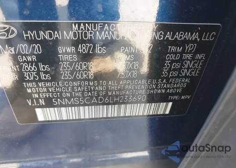 2020 Hyundai Santa Fe Limited из США, поврежденный, VIN 5NMS5CAD6LH233690